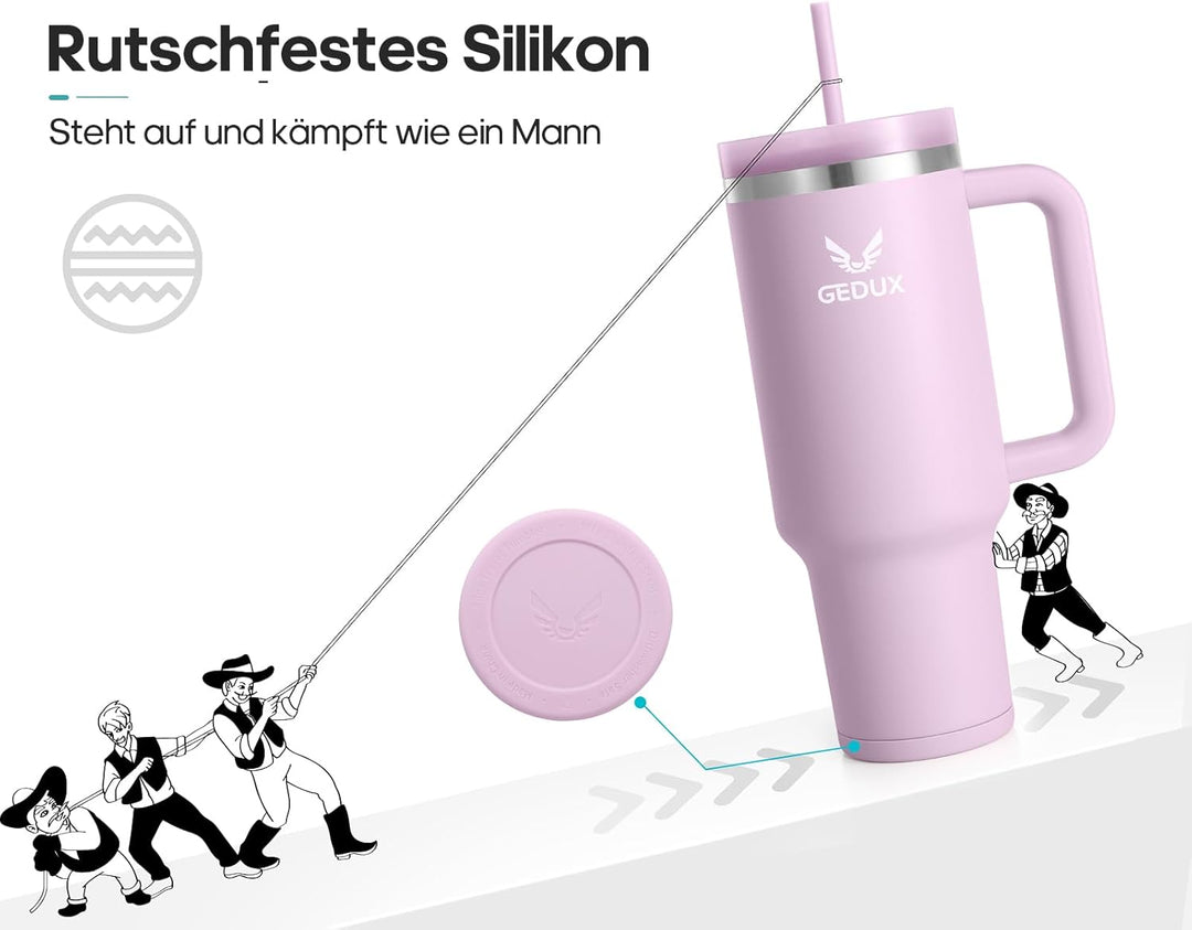 Trinkflasche mit Strohhalm 1.2L - Thermobecher mit Henkel auslaufsicher - Doppelwandige Vakuumisolie