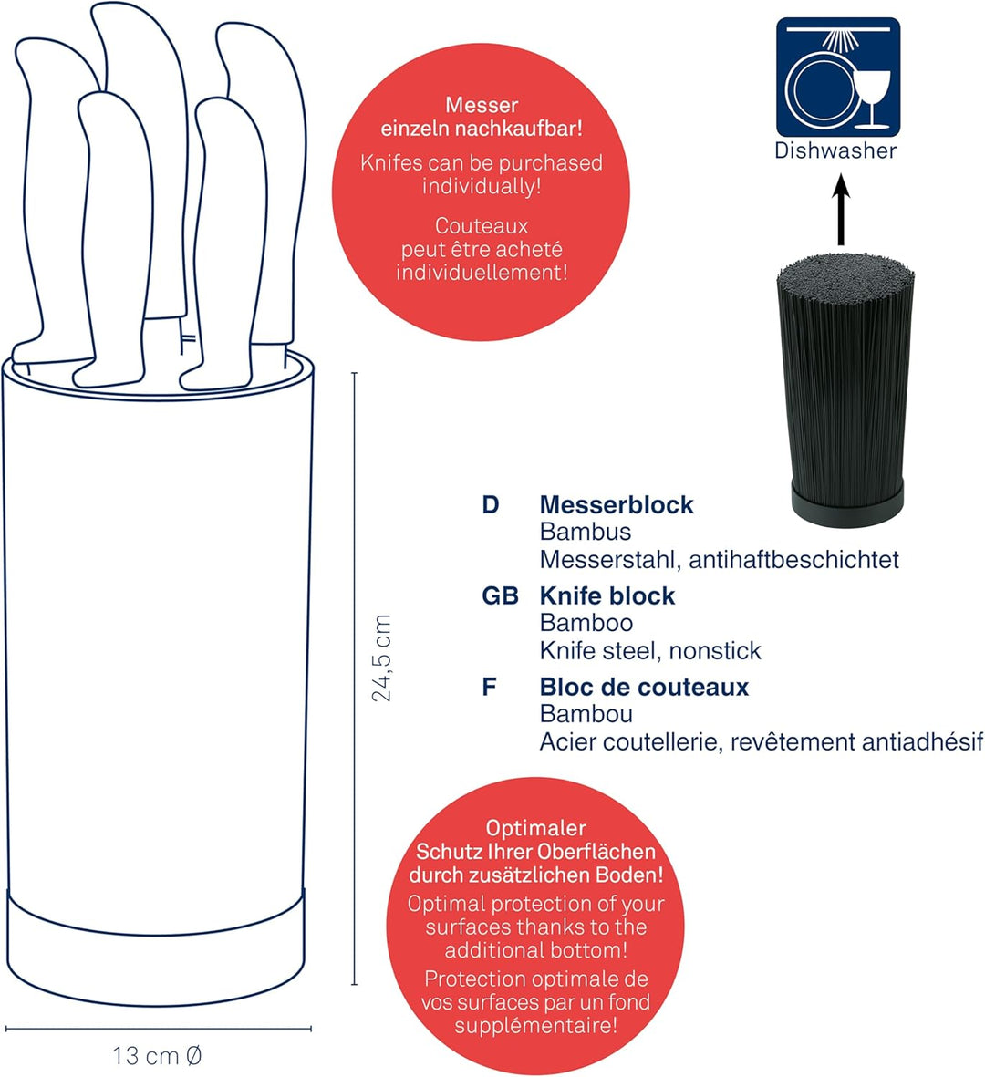 kela Messerblock mit Messerset ACIDA, 5 Messer, Bambusholz Messerhalter mit Borsteneinsatz, Ø 13 cm,