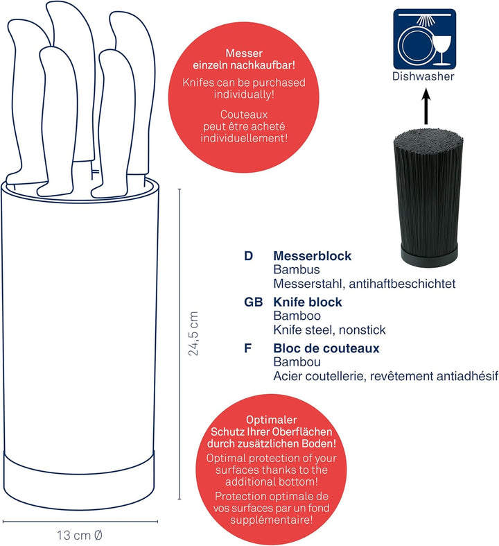 kela Messerblock mit Messerset ACIDA, 5 Messer, Bambusholz Messerhalter mit Borsteneinsatz, Ø 13 cm,