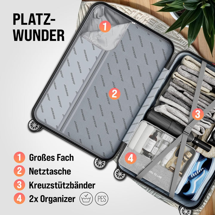 MONZANA® 3tlg. Kofferset, Grün - M-L-XL - inkl. Schloss, Organizer & Kofferwaage - Gurt Gel-Griffe,