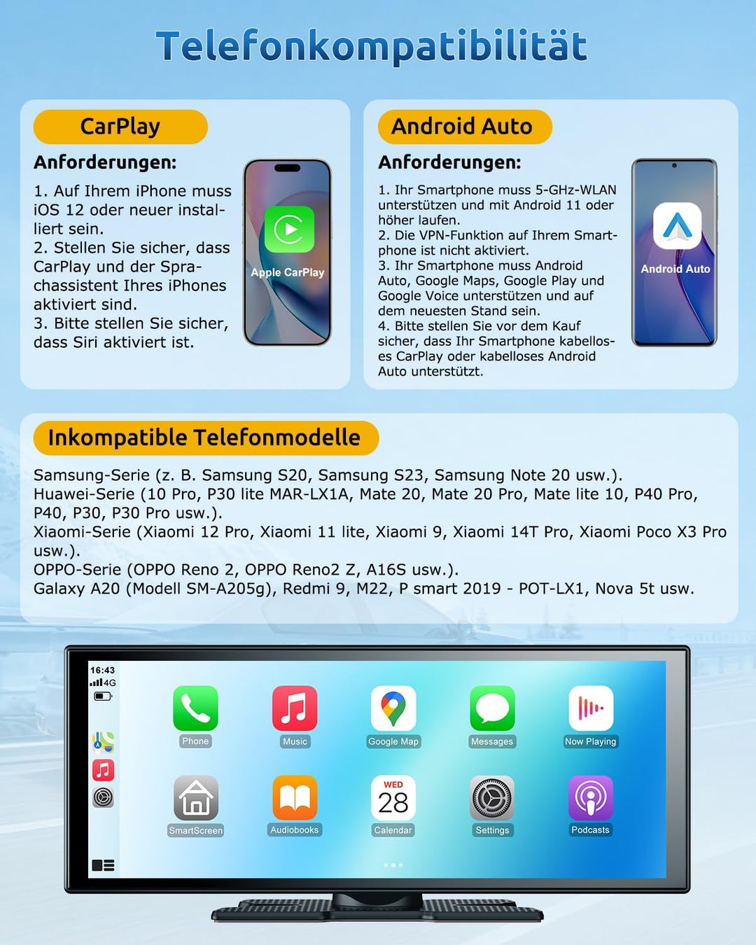 ESSGOO 11 Zoll Kabelloses CarPlay Display mit 4K 360° drehbare Frontkamera 1080P Rückfahrkamera Drah