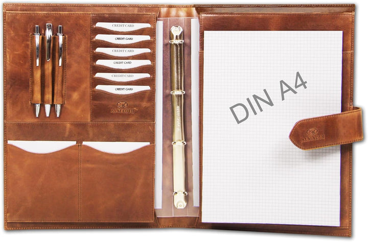 ALMADIH Leder A4 Konferenzmappe mit herausnehmbarem Ringbuch Briefblock aus Premium Rindsleder BD -