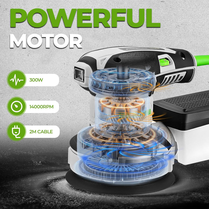 DESOON Exzenterschleifer 125mm, 300W Schleifmaschine für Holz mit 6 Geschwindigkeiten und Max.14000
