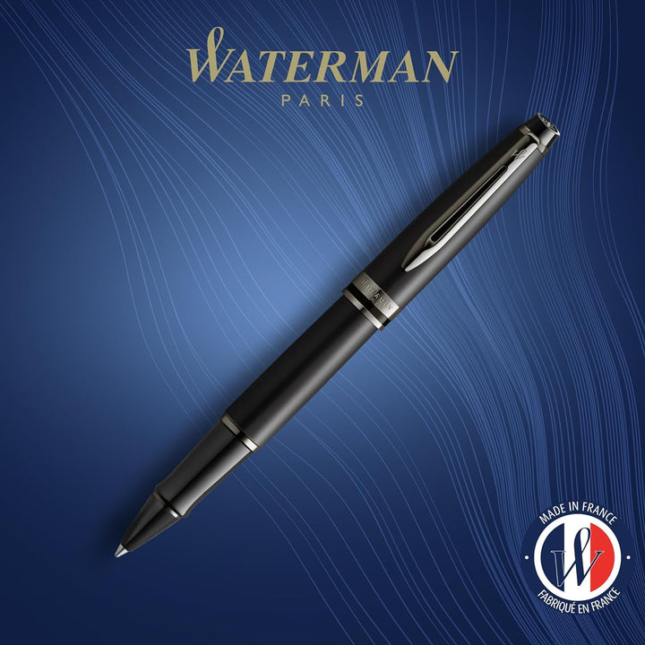 Waterman Expert Rollerball | Schwarze Metallic-Lackierung mit Ruthenium-Zierteilen | Feine Spitze |