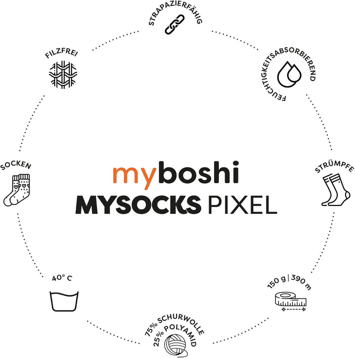 myboshi mysocks Pixel, 6-fädige Sockenwolle, strapazierfähig, Garn aus Schurwolle, filzfrei, 150g, L