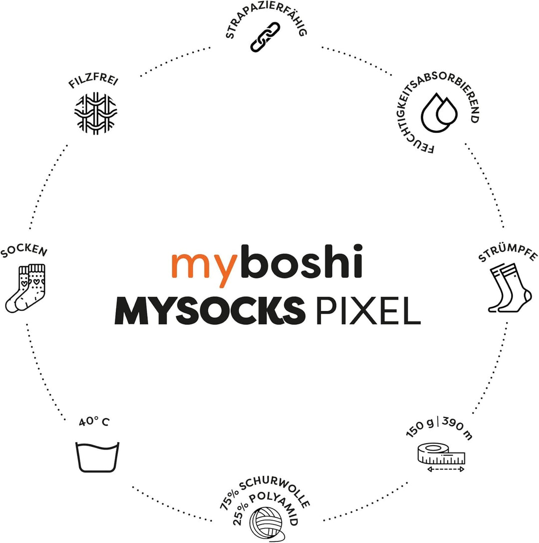 myboshi mysocks Pixel, 6-fädige Sockenwolle, strapazierfähig, Garn aus Schurwolle, filzfrei, 150g, L