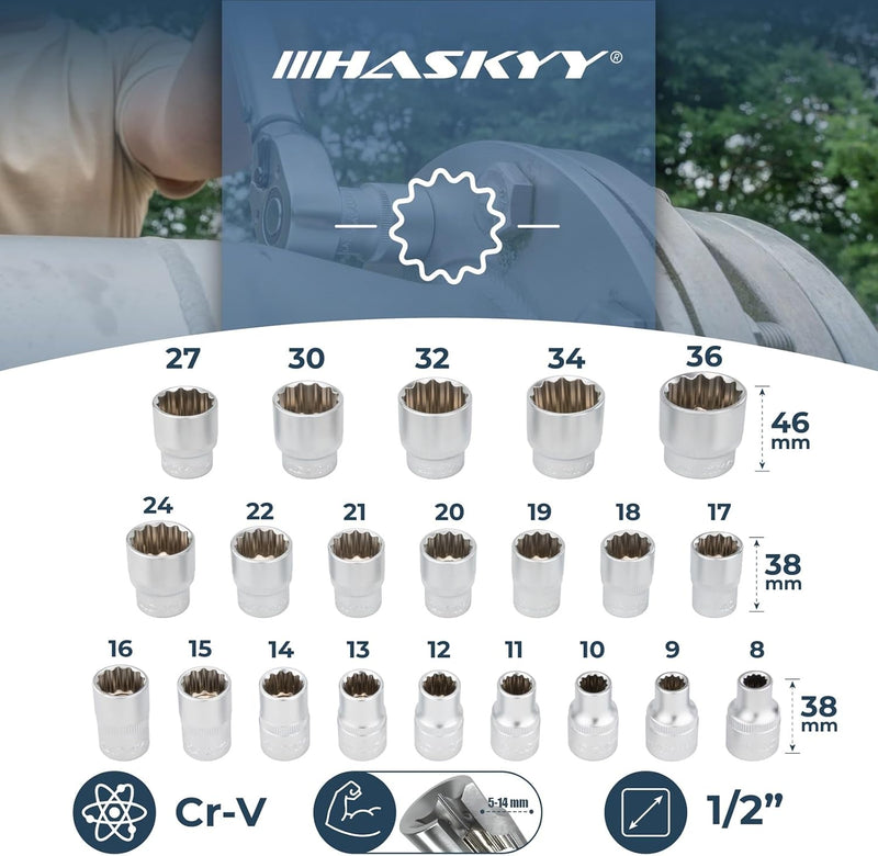 21tlg. HASKYY® Vielzahn Steckschlüssel Nusskasten I 8-36mm 12 Kant - 6 Kant I XZN Torx Stecknüsse Sa