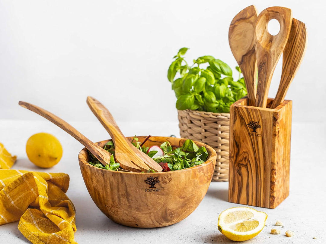 SOLTAKO Olivenholz Löffel Besteck Kochlöffel (5-teilig Kochlöffel + Salatbesteck), 5-teilig Kochlöff