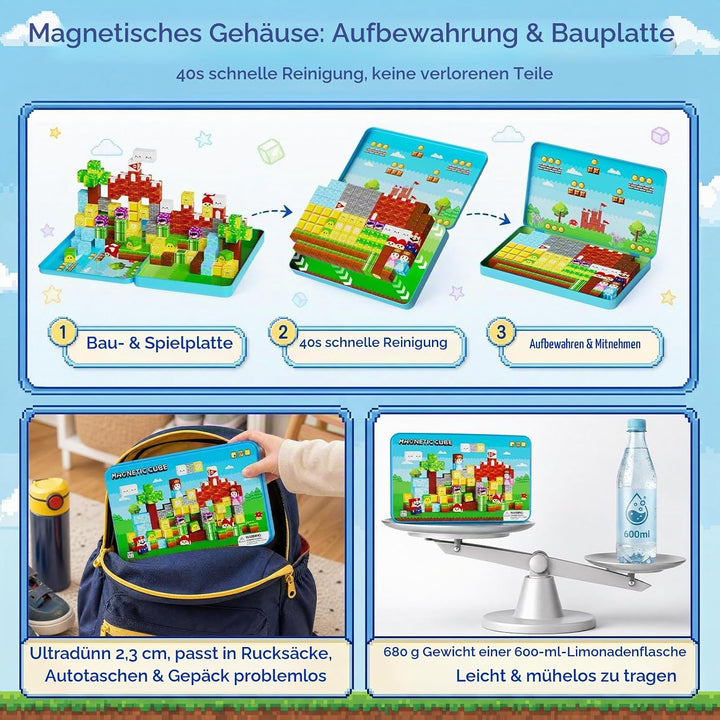 Magnetbausteine für Kinder Reise: 100 Teile Magnetwürfel mit Tragbare Metalldose, Adventurer Rollens
