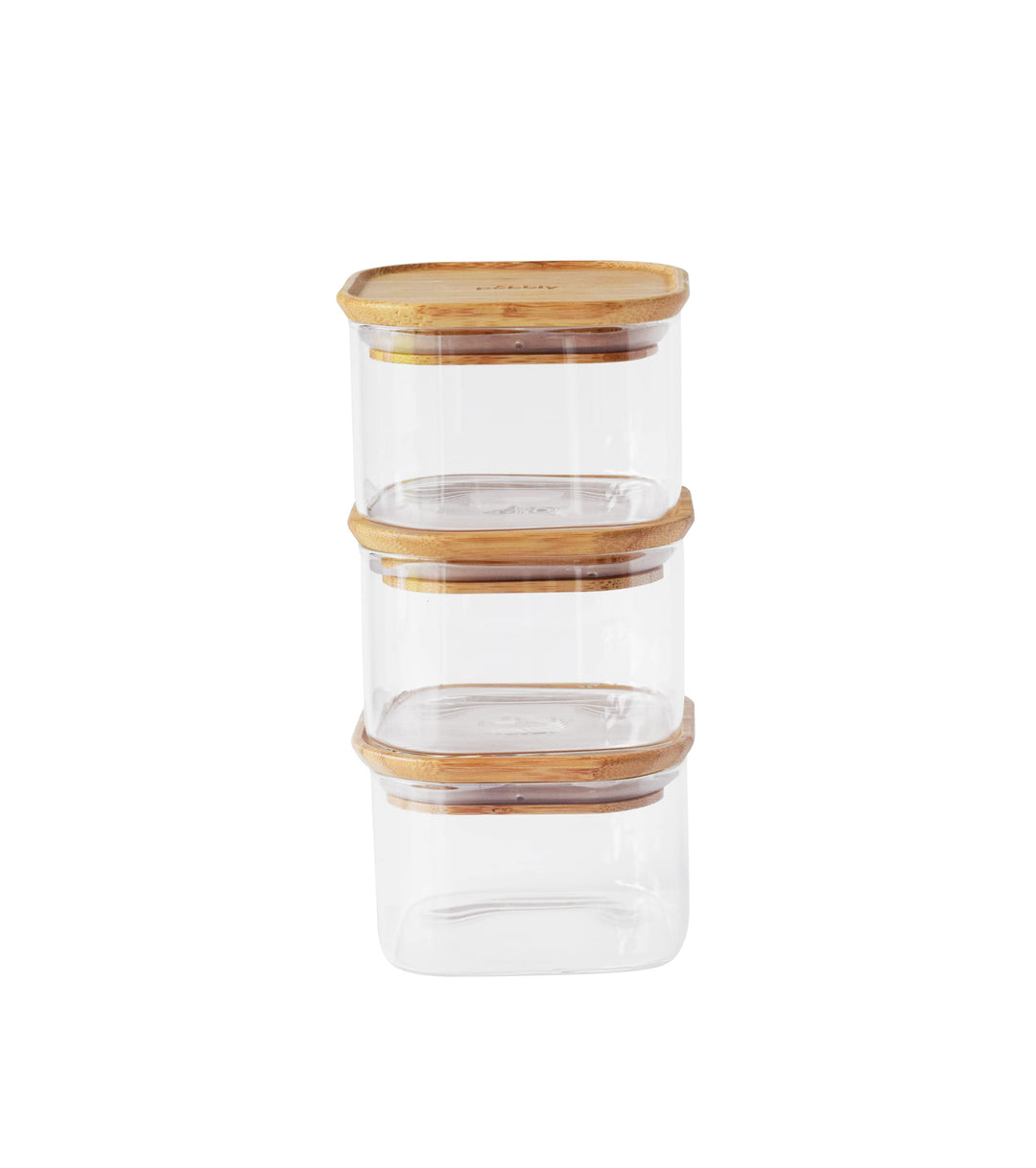 Pebbly PKV-034 3ER-Set QUADRATISCHE GLASBEHÄLTER MIT BAMBUSDECKEL-500ml, Borosilikatglas/Bambus, Tra