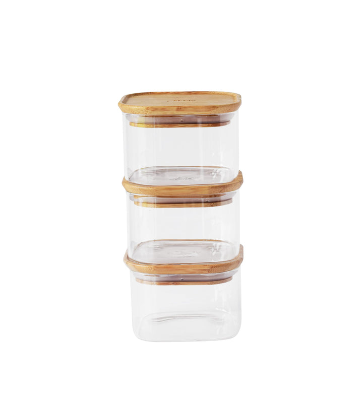 Pebbly PKV-034 3ER-Set QUADRATISCHE GLASBEHÄLTER MIT BAMBUSDECKEL-500ml, Borosilikatglas/Bambus, Tra