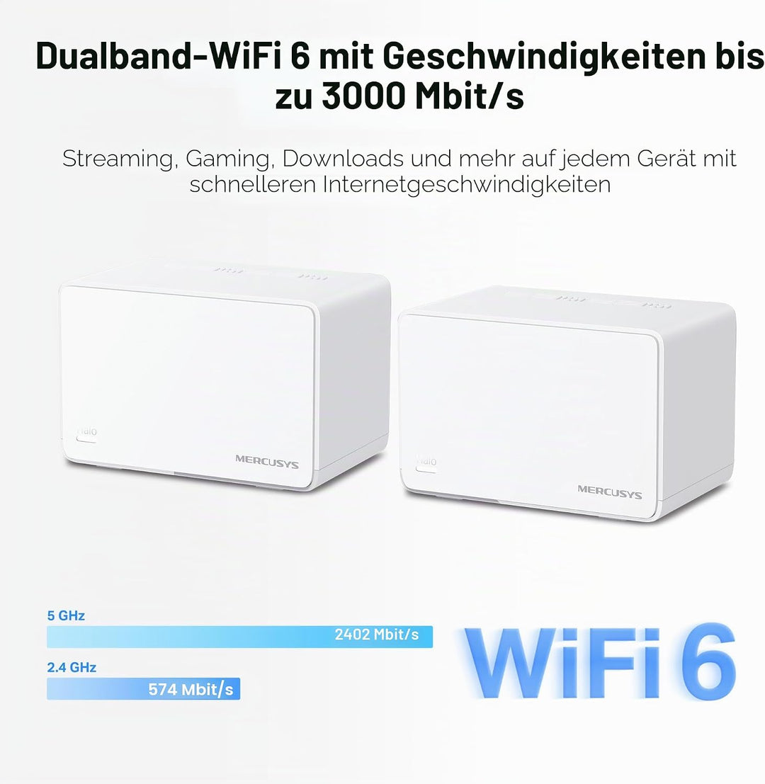 Mercusys Halo H3000X(2-Pack) WLAN-Router 6 Mesh, AX3000, Dualband, Reichweite bis zu 420 m², 3 x Gig
