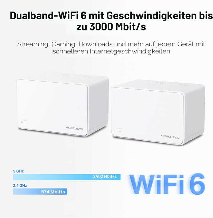 Mercusys Halo H3000X(2-Pack) WLAN-Router 6 Mesh, AX3000, Dualband, Reichweite bis zu 420 m², 3 x Gig