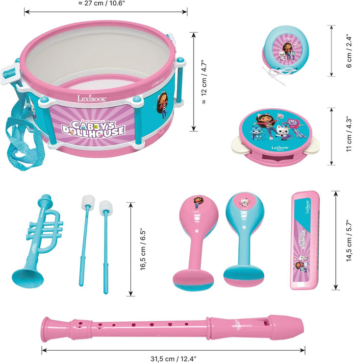 Lexibook, Gabby's Dollhouse, Set mit 7 Musikinstrumenten (Trommel, Maracas, Kastagnetten, Mundharmon