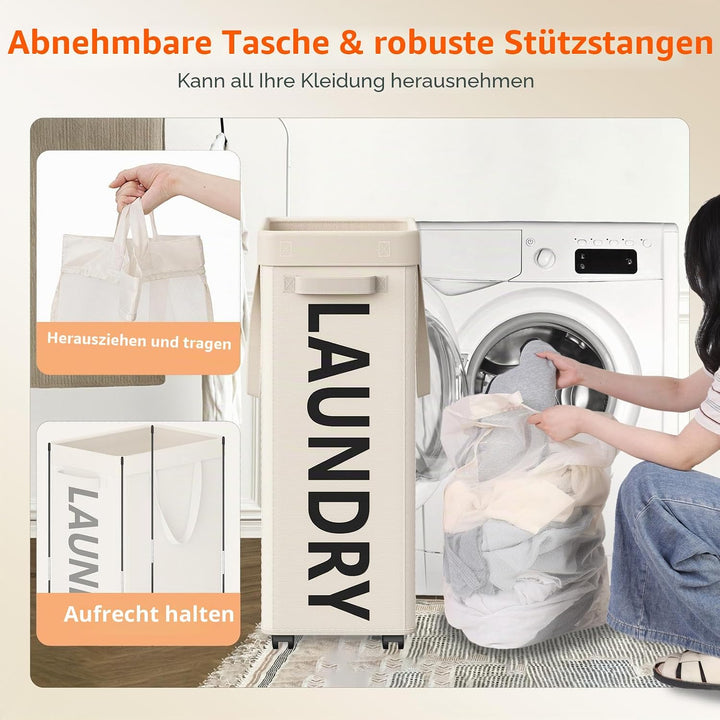 90L Wäschekorb mit Rollen, Wäschekorb Schmal Rollender, Faltbare Wäschekorb mit Herausnehmbarem Netz