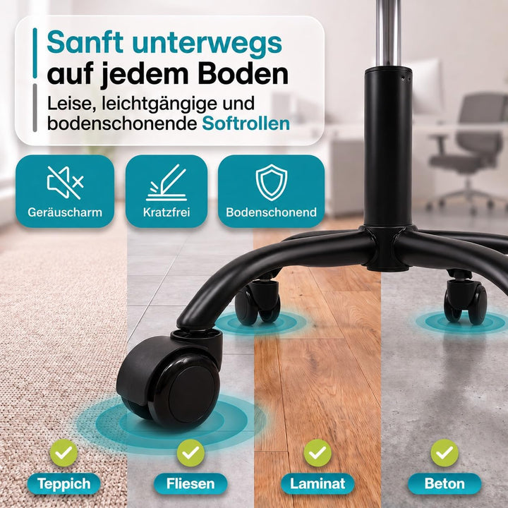 Rollhocker mit Metall-Basis und leisen Softrollen [Neues Modell] – höhenverstellbar, 360° drehbar, k