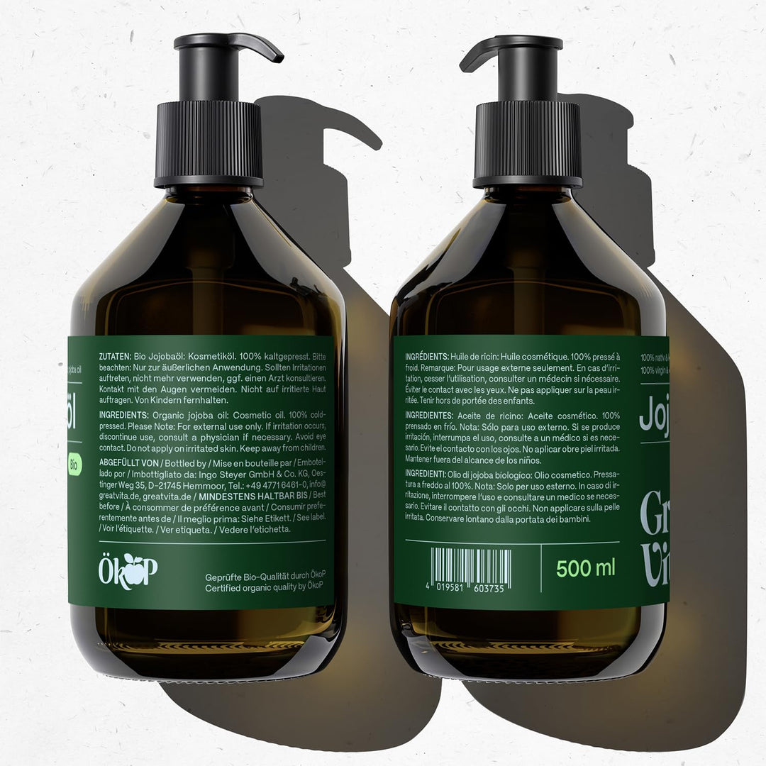 MeaVita Jojobaöl Gold - 1 reines kaltgepresstes Öl, ÖKoP zertifiziert, 1er Pack (1 x 500 ml) 500 ml