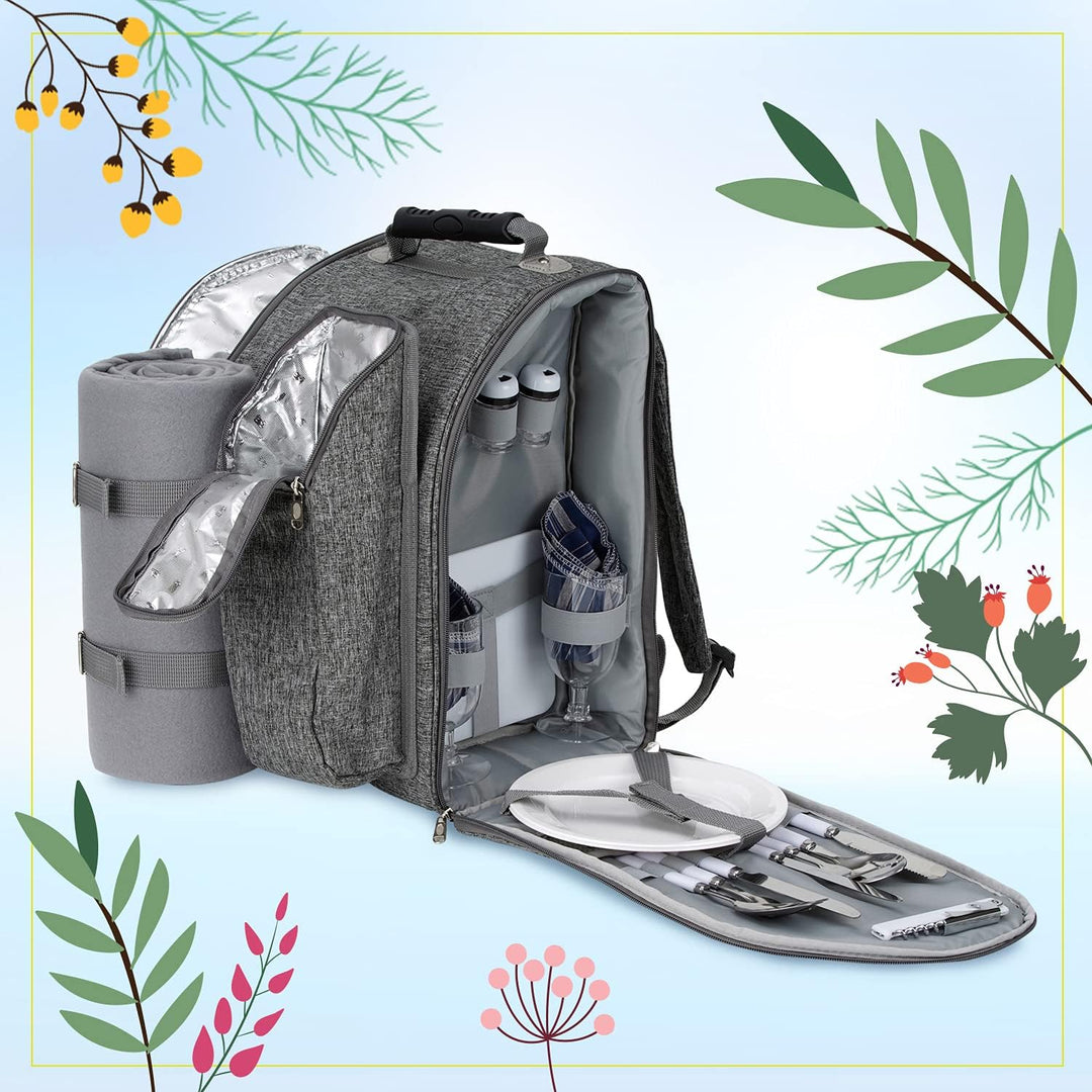 Brubaker Picknickrucksack für 2 Personen Grau 28 × 40 × 22 cm - mit Kühlfach, Iso-Flaschenhalter und