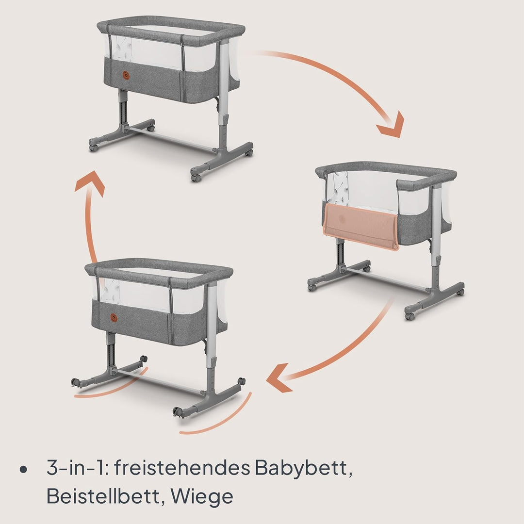 Lionelo Aurora 3 in 1 Babybett bis 9 kg, Beistellbett, Wiege, Höhenverstellug und Einstellung der Ne