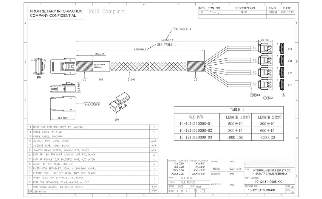 ipolex SFF-8087 auf 4x SATA Kabel, 36Pin SFF-8087 Host/Controller auf 7Pin SATA Target/Backplane, ko