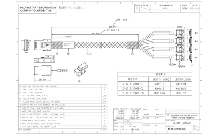 ipolex SFF-8087 auf 4x SATA Kabel, 36Pin SFF-8087 Host/Controller auf 7Pin SATA Target/Backplane, ko