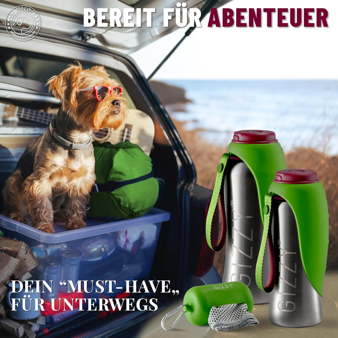 GIZZY® Trinkflasche Hunde für unterwegs - auslaufsicher &amp; robust aus Edelstahl, in 2 Grössen inkl. w
