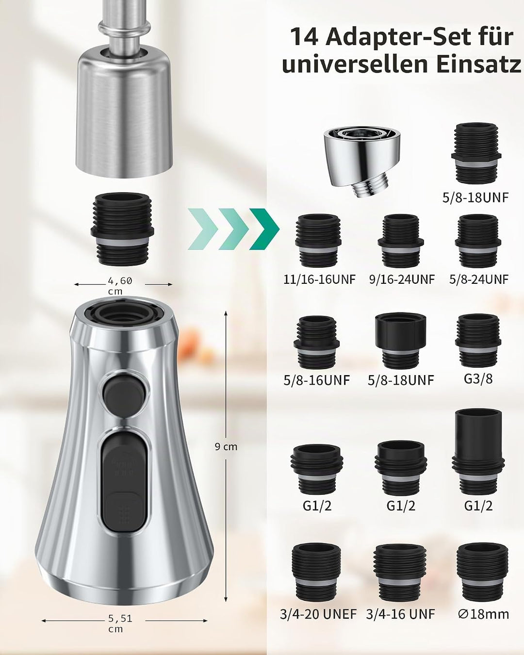Mbillion ABS-Küchenarmaturkopf, Universal-Sprühdüse mit 3 Funktionen, mit 14 Adaptern, mattschwarz,
