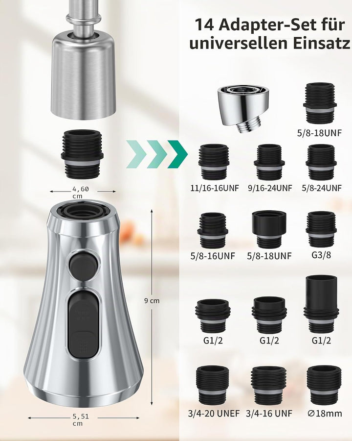 Mbillion ABS-Küchenarmaturkopf, Universal-Sprühdüse mit 3 Funktionen, mit 14 Adaptern, mattschwarz,