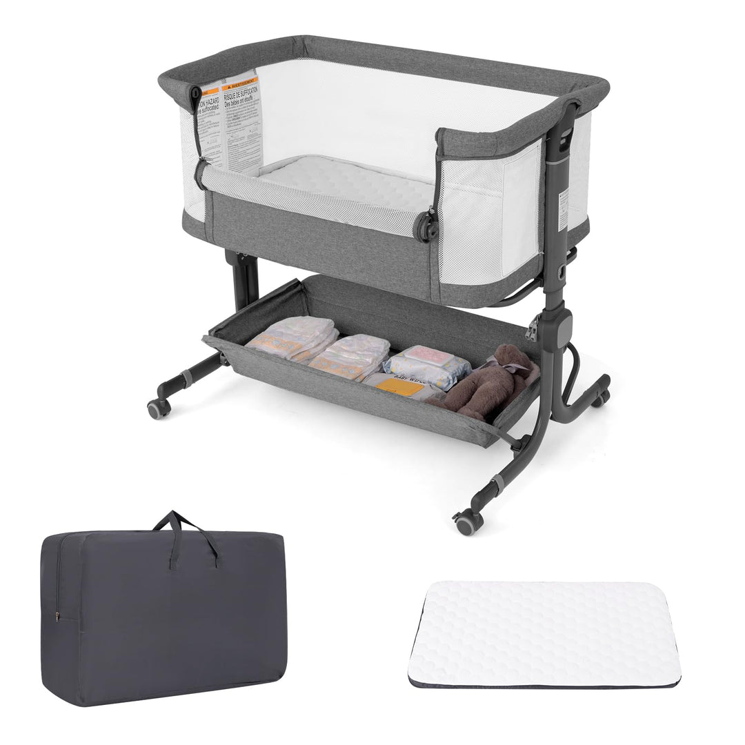 DREAMADE Beistellbett Baby, 6-stufig Höhenverstellbar Babybett mit weicher Matratze & Rollen & Trage