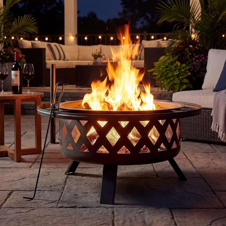 Aoxun Feuerschale mit Grill, 2-in-1 Feuerstelle Garten mit Funkenschutz und 360° Schwenkgrill, Outdo