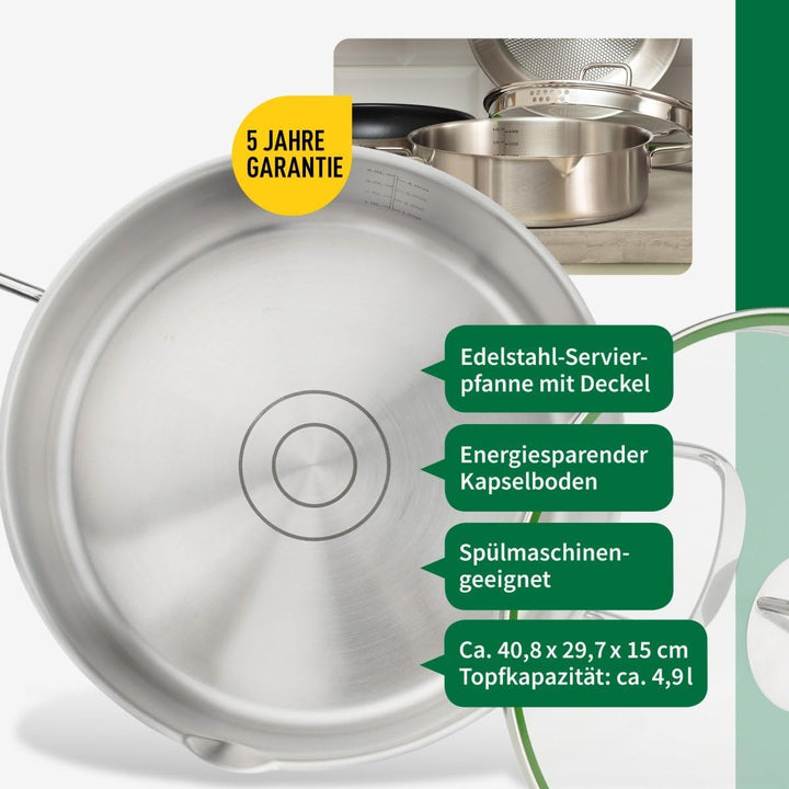 Fackelmann x Chefkoch Servierpfanne München Ø28 cm Edelstahl | Schmortopf mit Öl-Dosiersystem, Liter