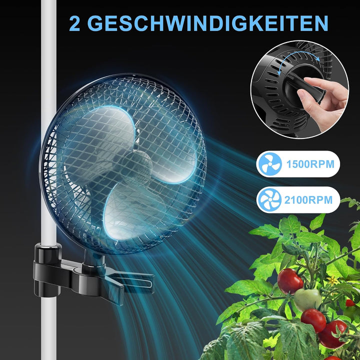 Oszillierender Grow Ventilator mit 2 Stufen, Clip Lüfter 20W | Stabiler Metallschutzgitter, Hitzebes