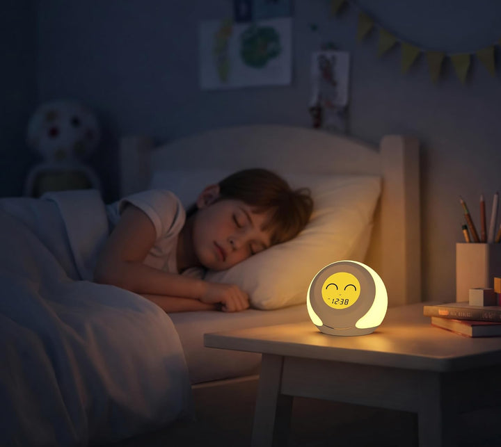 iTOMA Kinder Wecker, Uhr Hygrometer und niedliche Gesichtsausdrücke, buntes Licht wählen, 4-stufiger
