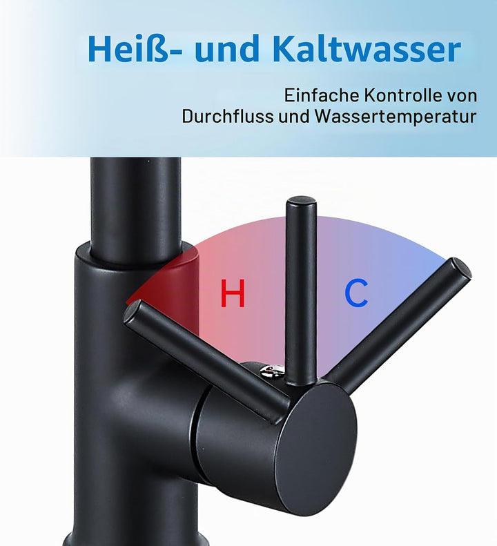 Küchenarmatur mit herausziehbarem Sprühkopf, hoher Bogen, Einhebelfeder, Küchenspüle, Schwarz, Roség
