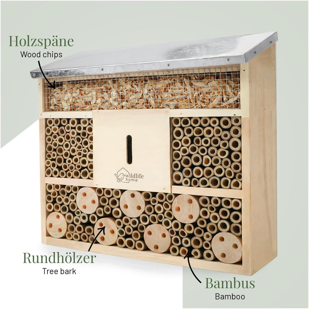 WILDLIFE HOME Bienenhotel Insektenhotel mit Metalldach - 2er Set I Unbehandelt, Bienenhaus aus Massi