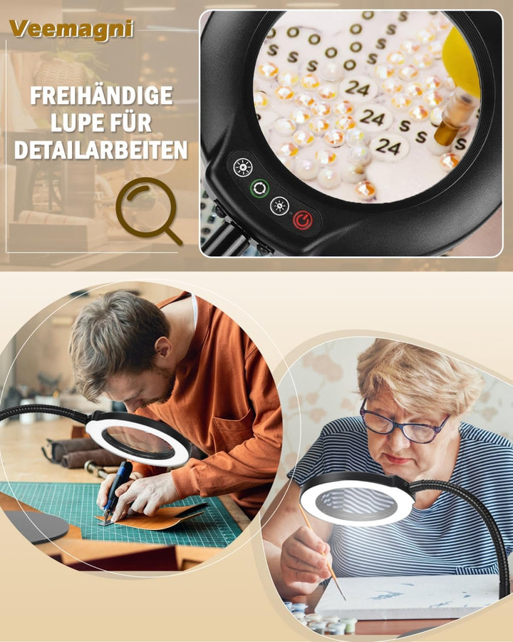 Veemagni 10X Lupe mit Licht und Ständer, 5 Farbmodi stufenlos dimmbare LED beleuchtete Schreibtischl
