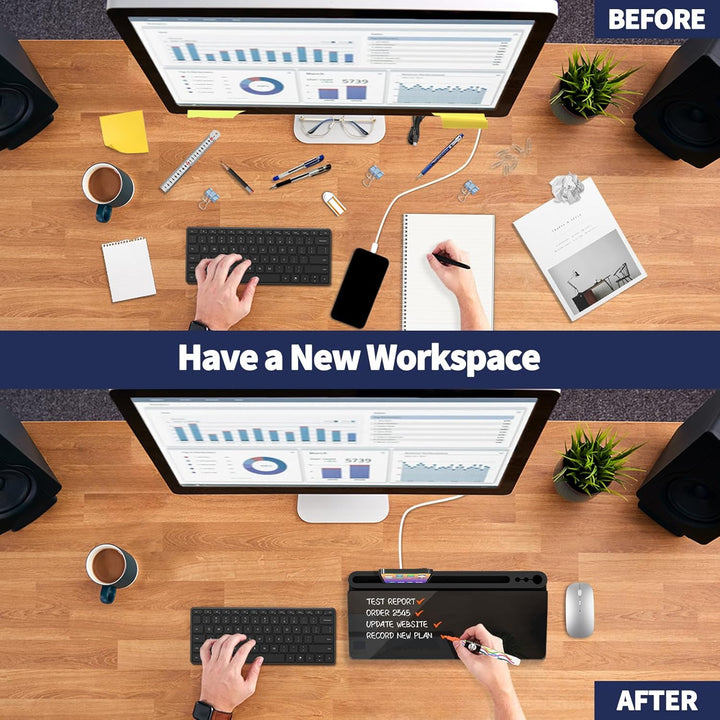 Schwarzes Desktop Whiteboard mit Stauraum, Glas Notiztafel für Büro Gadgets, abwischbare Mini Tafel