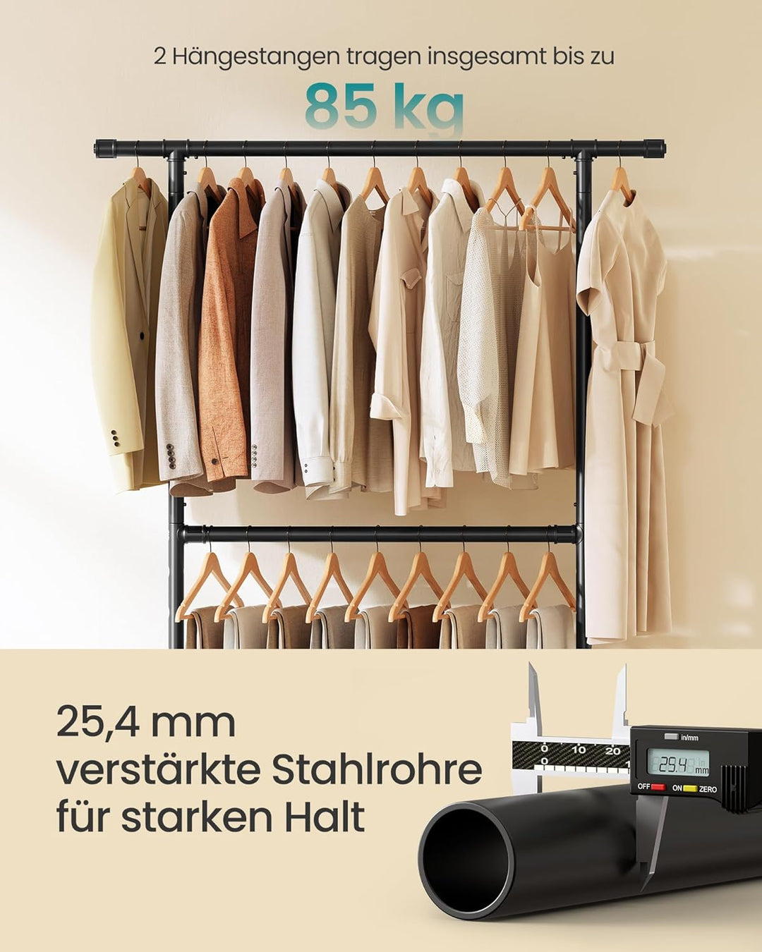 SONGMICS Kleiderständer im Industriedesign, bis 110 kg belastbar, Garderobenständer auf Rollen, 2 Kl
