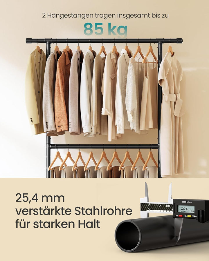 SONGMICS Kleiderständer im Industriedesign, bis 110 kg belastbar, Garderobenständer auf Rollen, 2 Kl