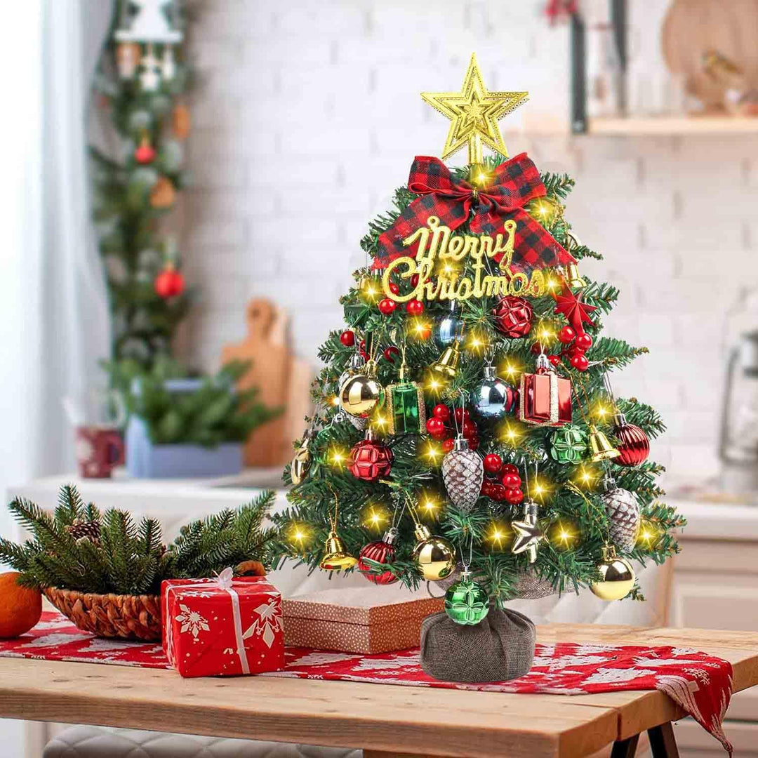 SVNVIOZ Mini 50 cm Weihnachtsbaum mit Dekoration, Rot Gold Weihnachtskugeln, Stern Baumspitze und we