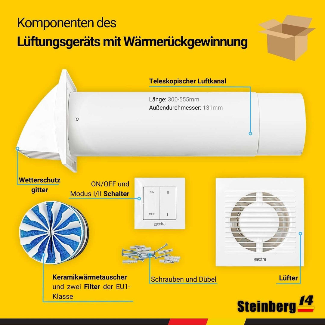 Steinberg14 Weiss 125mm Dezentrale Lüftung mit Wärmerückgewinnung - Rekuperator mit Schalter - Wandl