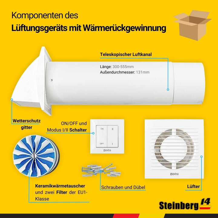 Steinberg14 Weiss 125mm Dezentrale Lüftung mit Wärmerückgewinnung - Rekuperator mit Schalter - Wandl