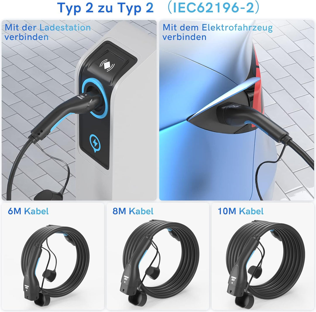 EVDANCE Typ 2 Ladekabel 22KW 6m 32A 3 Phasig, Ladekabel Typ 2 mit Tasche für E Auto EV/PHEV, Typ 2 a