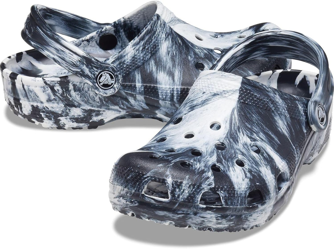 Crocs Unisex Classic Marbled Clogs 36/37 EU White Black, 36/37 EU White Black