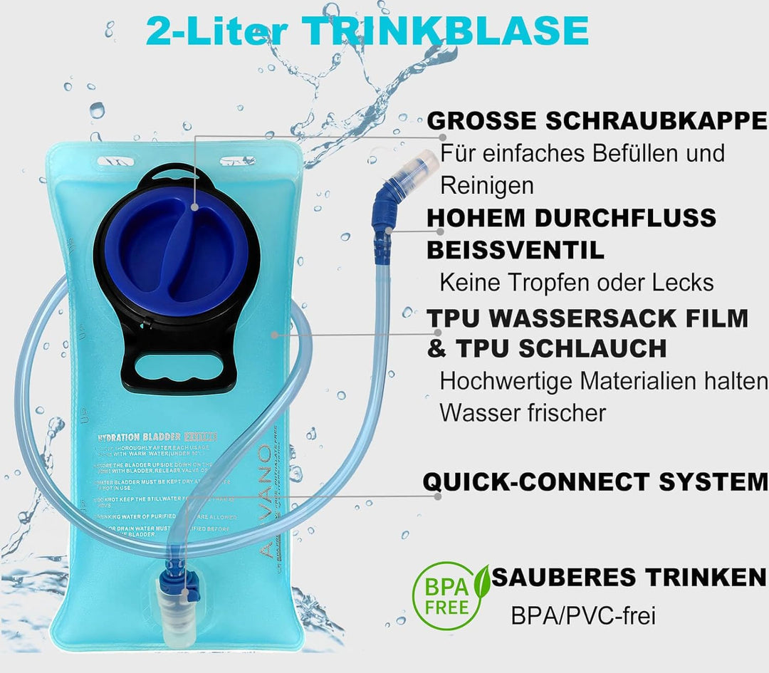 Arvano Trinkrucksack Fahrrad Rucksack mit Trinkblase 2l, Klein Wanderrucksack Skirucksack Wasserruck