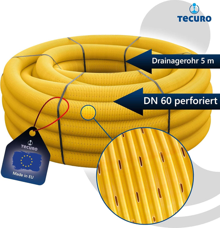 tecuro Drainagerohr flexibel 5 m- DN60 gewellt PVC-U, geschlitzt gelb, für Tiefbau, Garten und Lands