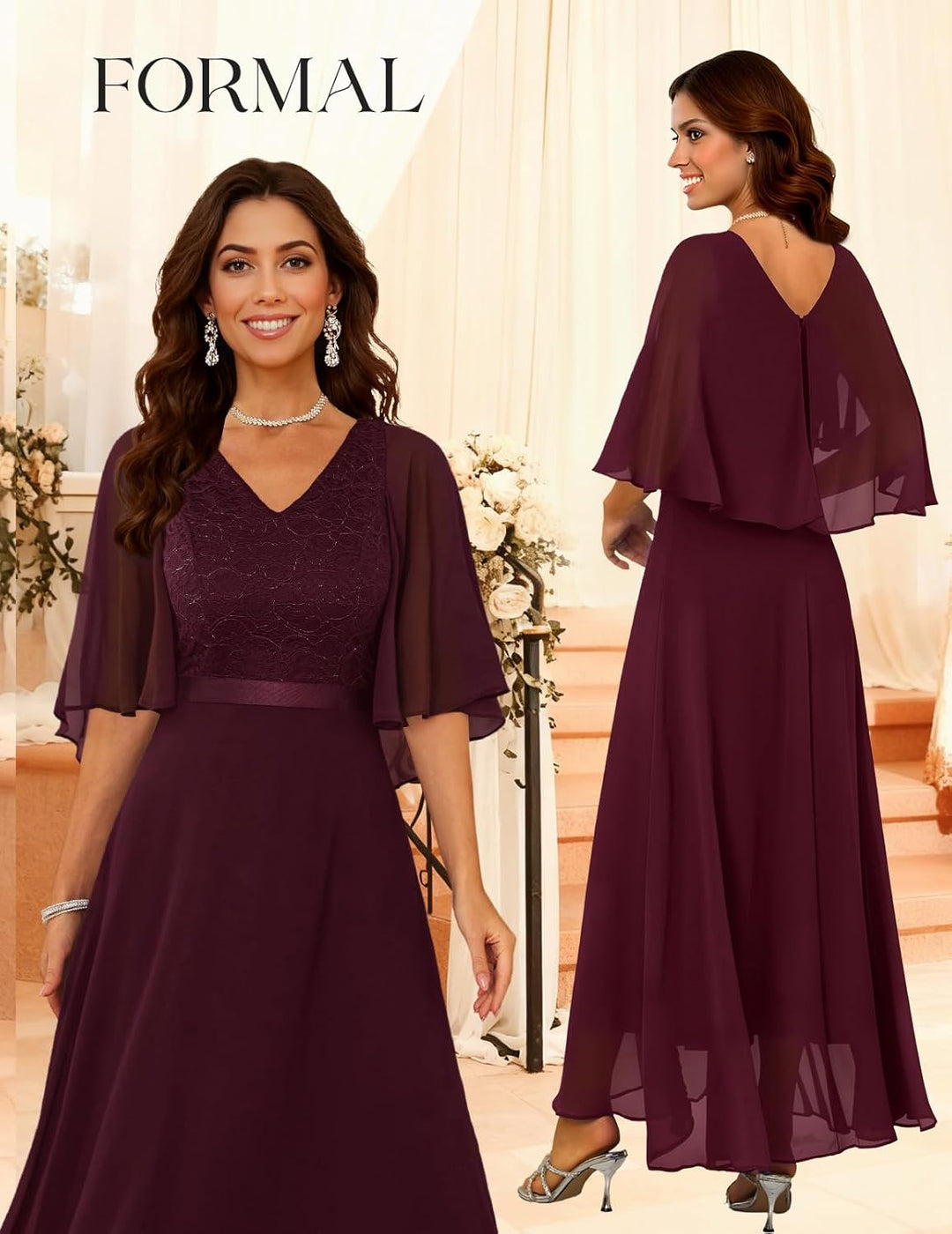 DRESSTELLS Damen Ballkleid Lang Abendkleider Elegant für Hochzeit mit Kurze Ärmel S Burgundy, S Burg