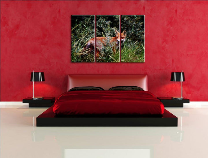 listiger Fuchs im Wildstrauch NewArt 3-Teiler Leinwandbild 120x80 Bild auf Leinwand, XXL riesige Bil