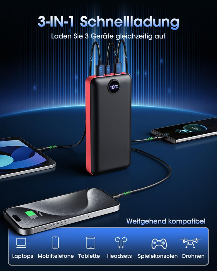 PowerBank 50000mAh grosse kapazität, 22,5W Schnelles USB-C 3 Ausgäng 2 Aufladen Externer Akku Power