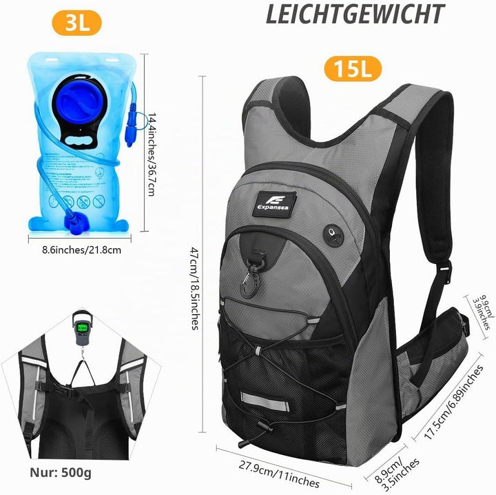 Trinkrucksack mit Trinkblase 3L BPA-Frei, Wasserdichter Outdoor-Rucksack, Rucksack mit Trinksystem,